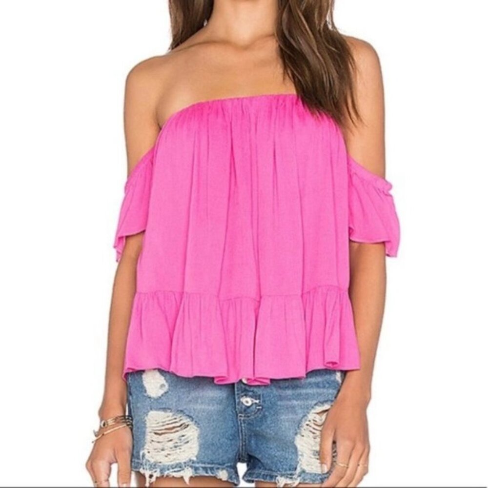 MISA Los Angeles Womens Anais Off Shoulder Top Fuchsia Pink Ruffle Hem size XS